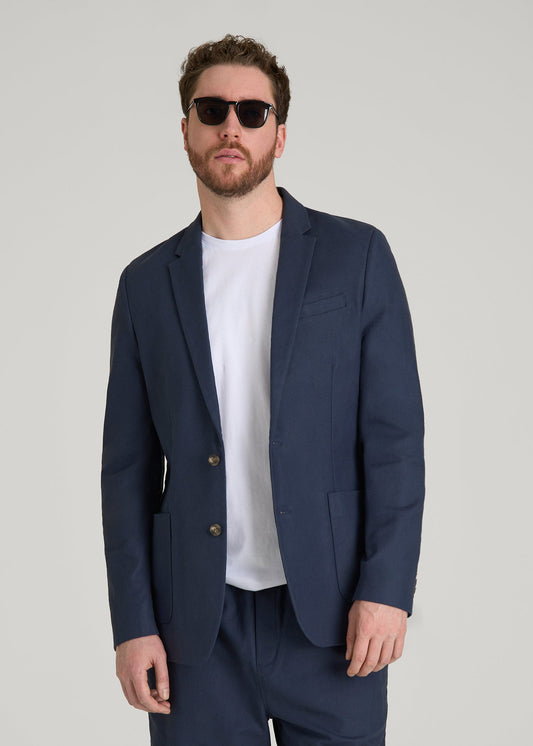 Stretch Cotton Linen Blend Blazer for Tall Men in Navy Blue