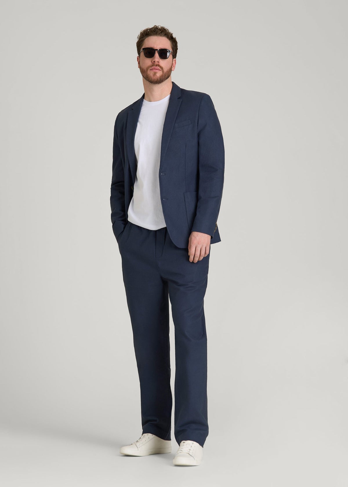 Stretch Cotton Linen Blend Blazer for Tall Men in Navy Blue