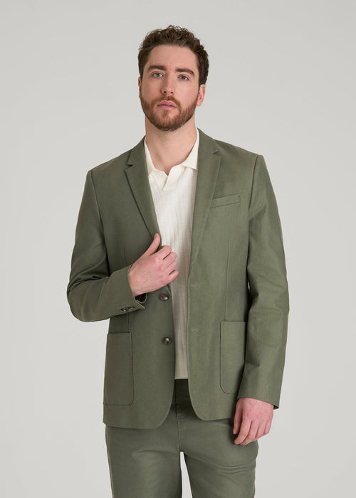 Stretch Cotton Linen Blend Blazer for Tall Men in Olive