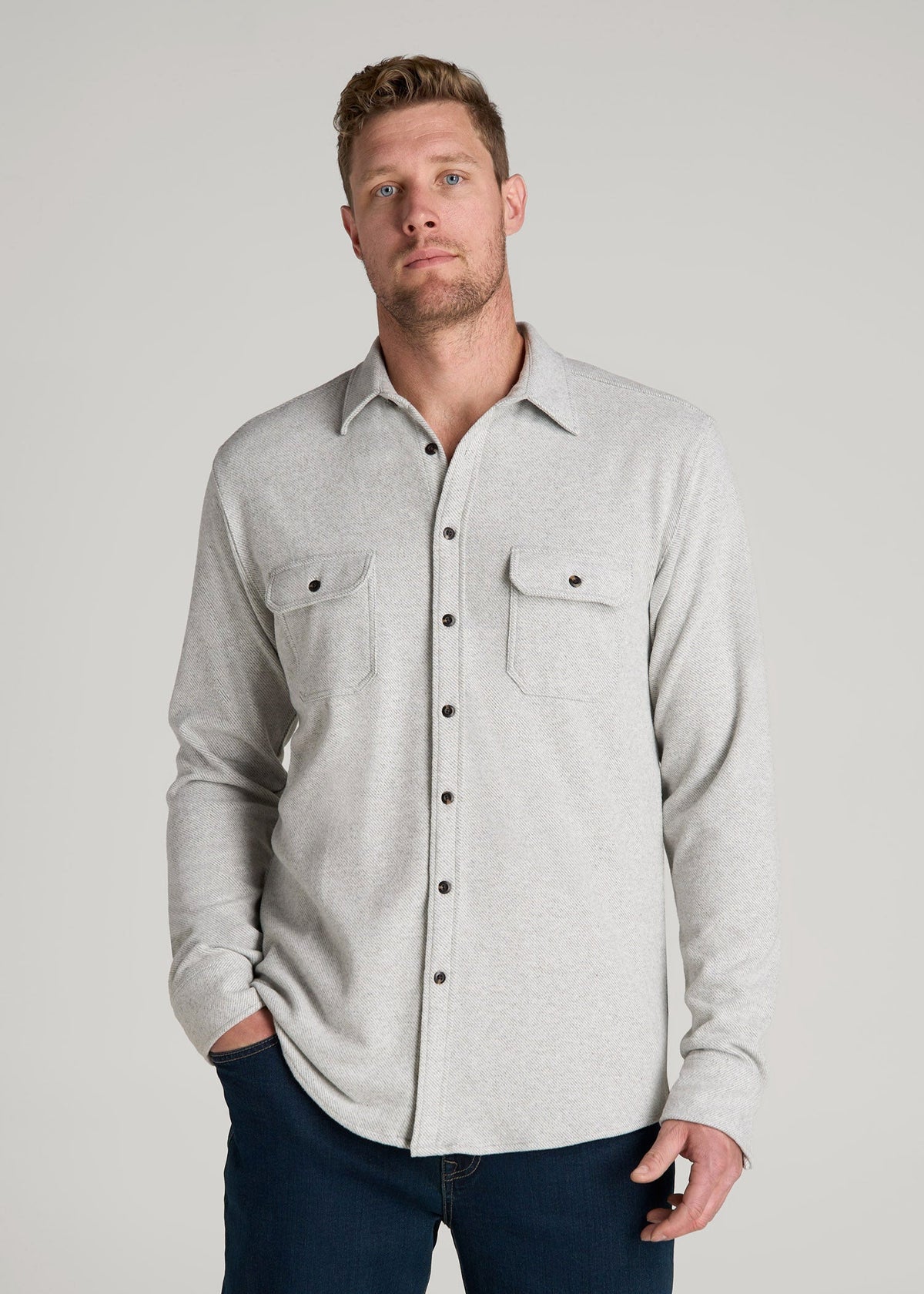 Stretch Flannel Button Shirt for Tall Men in Light Grey Mix