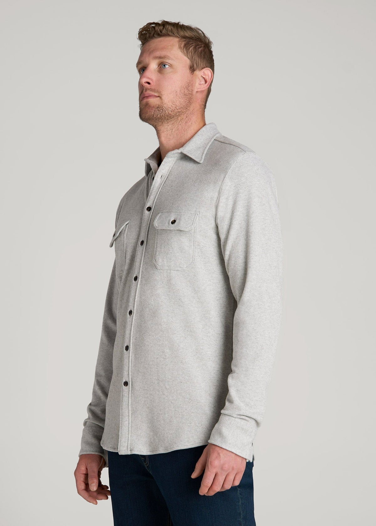 Stretch Flannel Button Shirt for Tall Men in Light Grey Mix