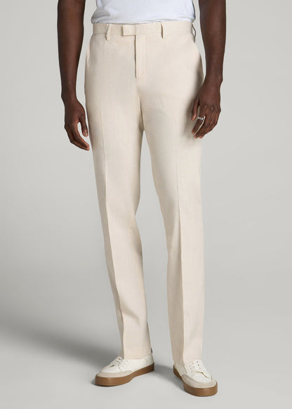 Stretch Linen Dress Pants for Tall Men in Light Beige Linen