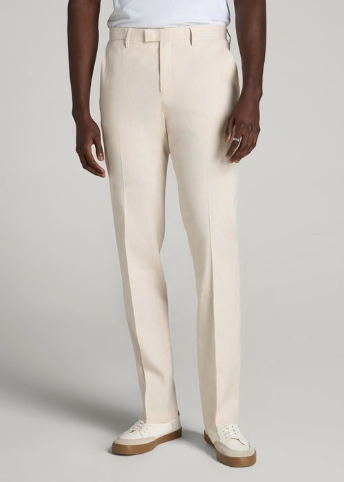 Stretch Linen Dress Pants for Tall Men in Light Beige Linen