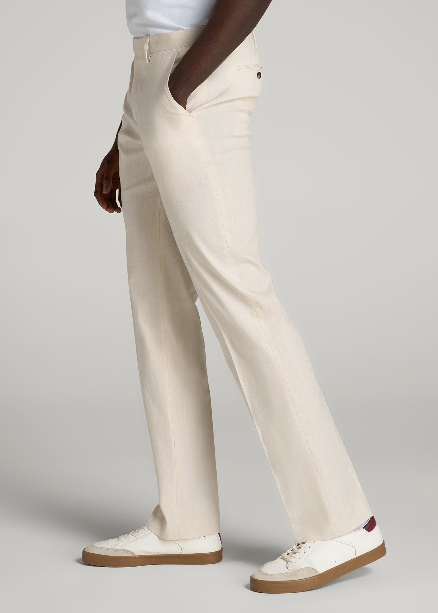 Stretch Linen Dress Pants for Tall Men in Light Beige Linen