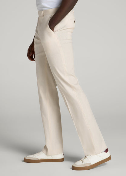 Stretch Linen Dress Pants for Tall Men in Light Beige Linen