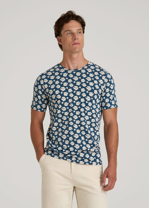 Stretch Pima Cotton Printed Tee for Tall Men in Bright Blue Floral
