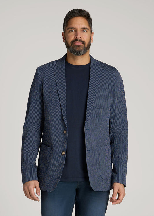 Stretch Seersucker Blazer for Tall Men in Navy and Off White Stripe