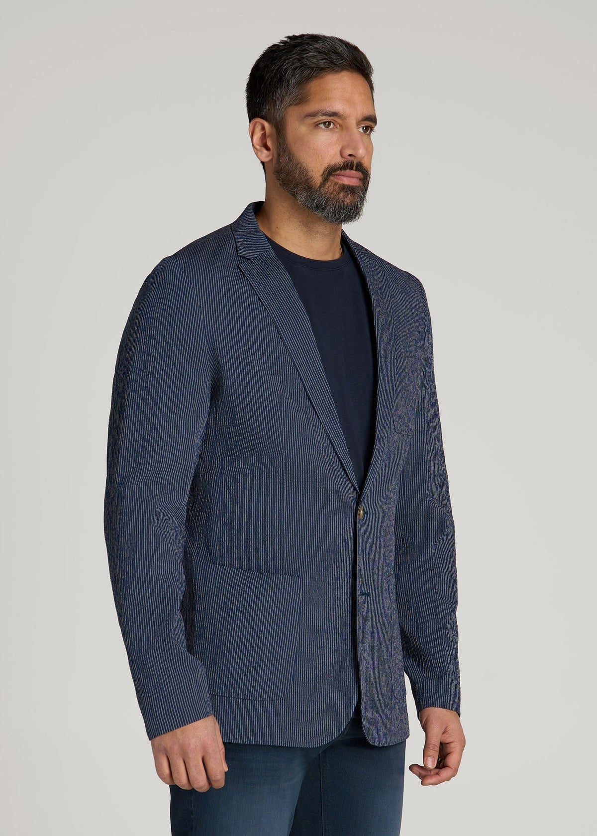 Stretch Seersucker Blazer for Tall Men in Navy and Off White Stripe