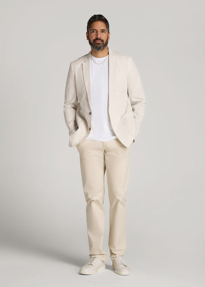 Stretch Seersucker Blazer for Tall Men in Off White and Beige Stripe