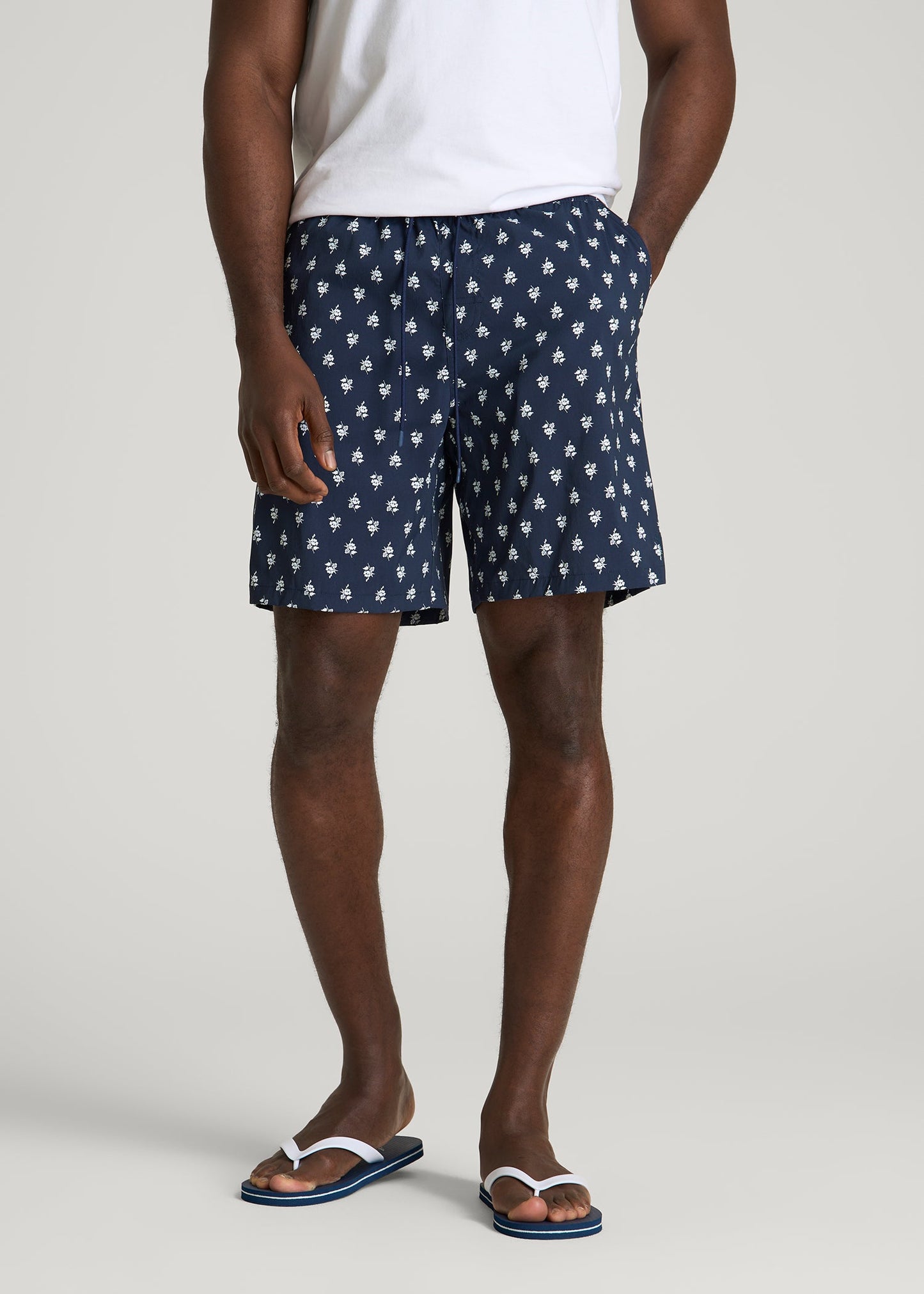 Stretch Swim Shorts for Tall Men in Navy Blue Floral