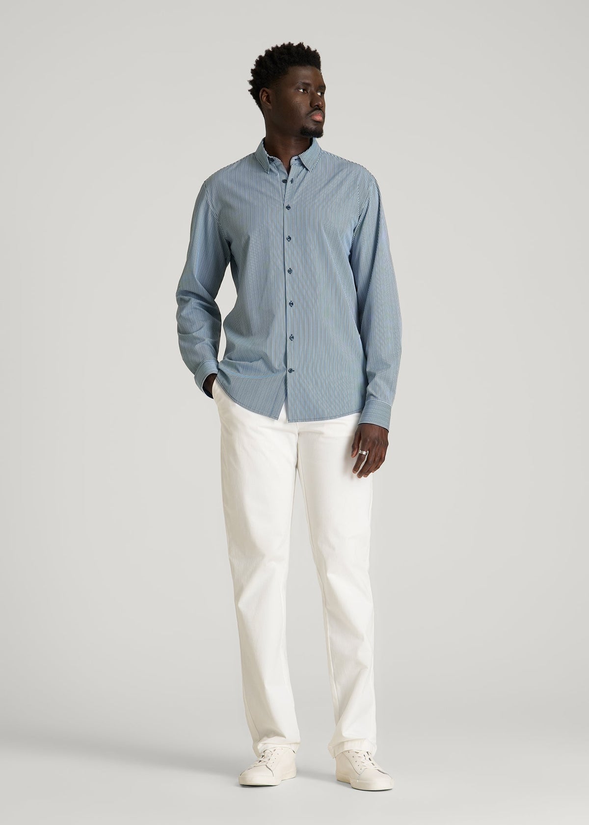 Traveler Stretch Dress Shirt for Tall Men in Royal Navy Stripe
