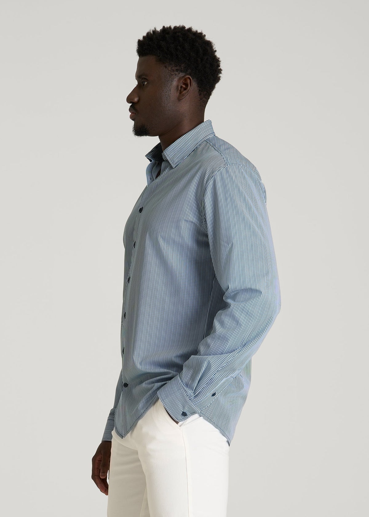 Traveler Stretch Dress Shirt for Tall Men in Royal Navy Stripe