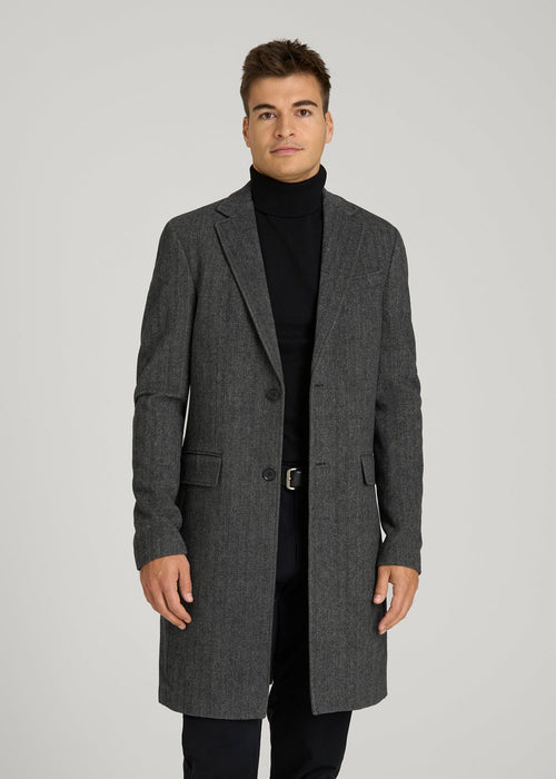 Wool Coat for Tall Men in Grey and Black Herringbone