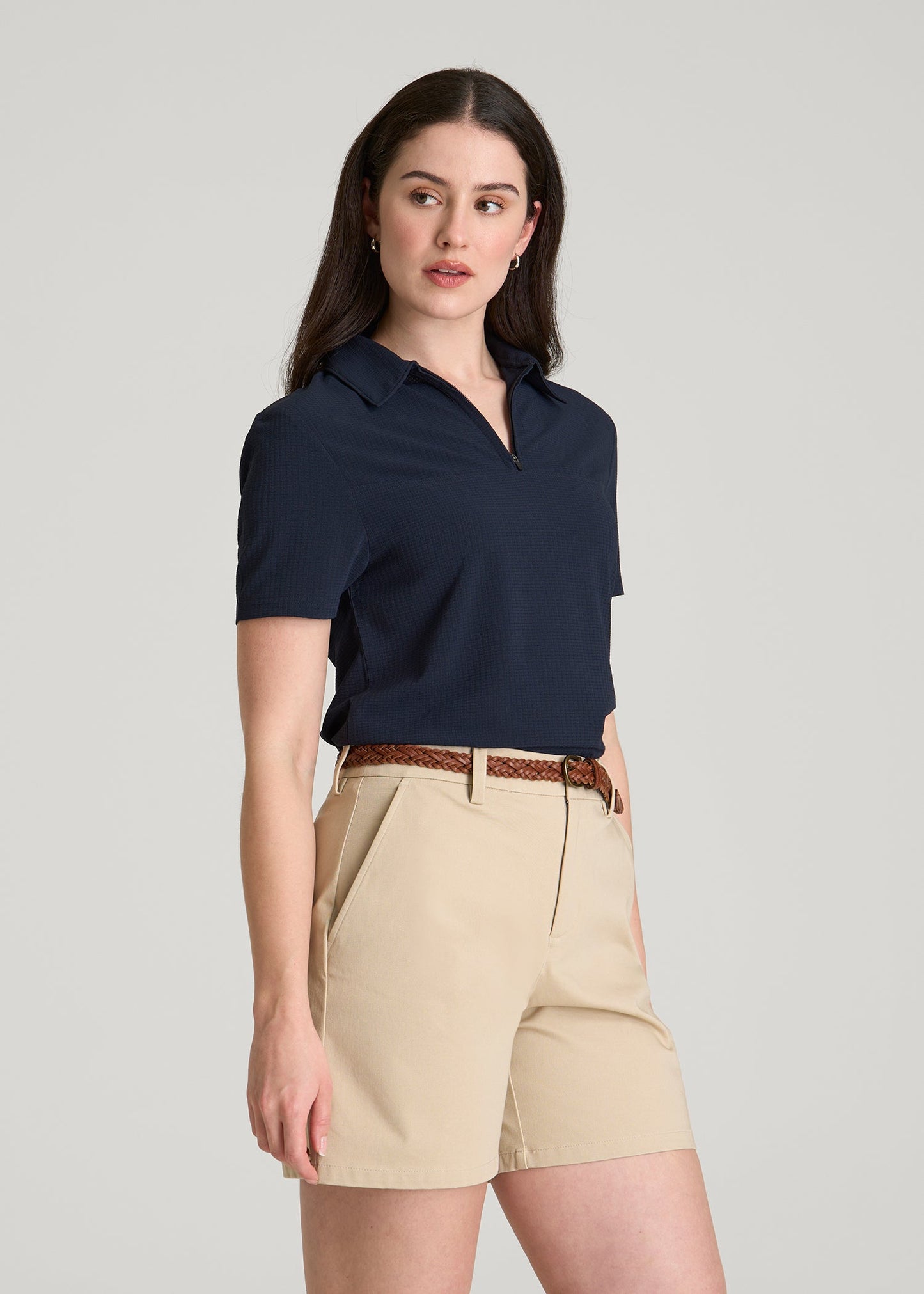 Coastal perforated short sleeve golf polo for Tall Women in Navy