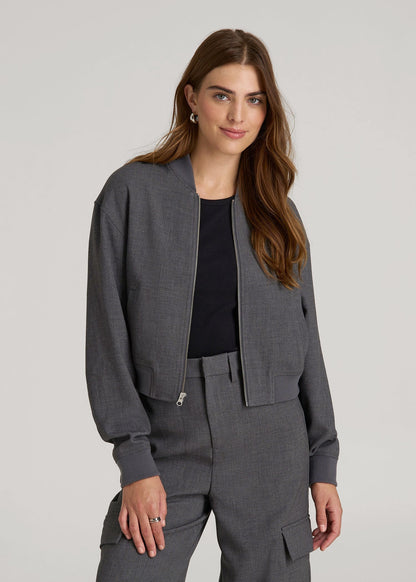 Cropped Bomber Jacket for Tall Women in Graphic Charcoal