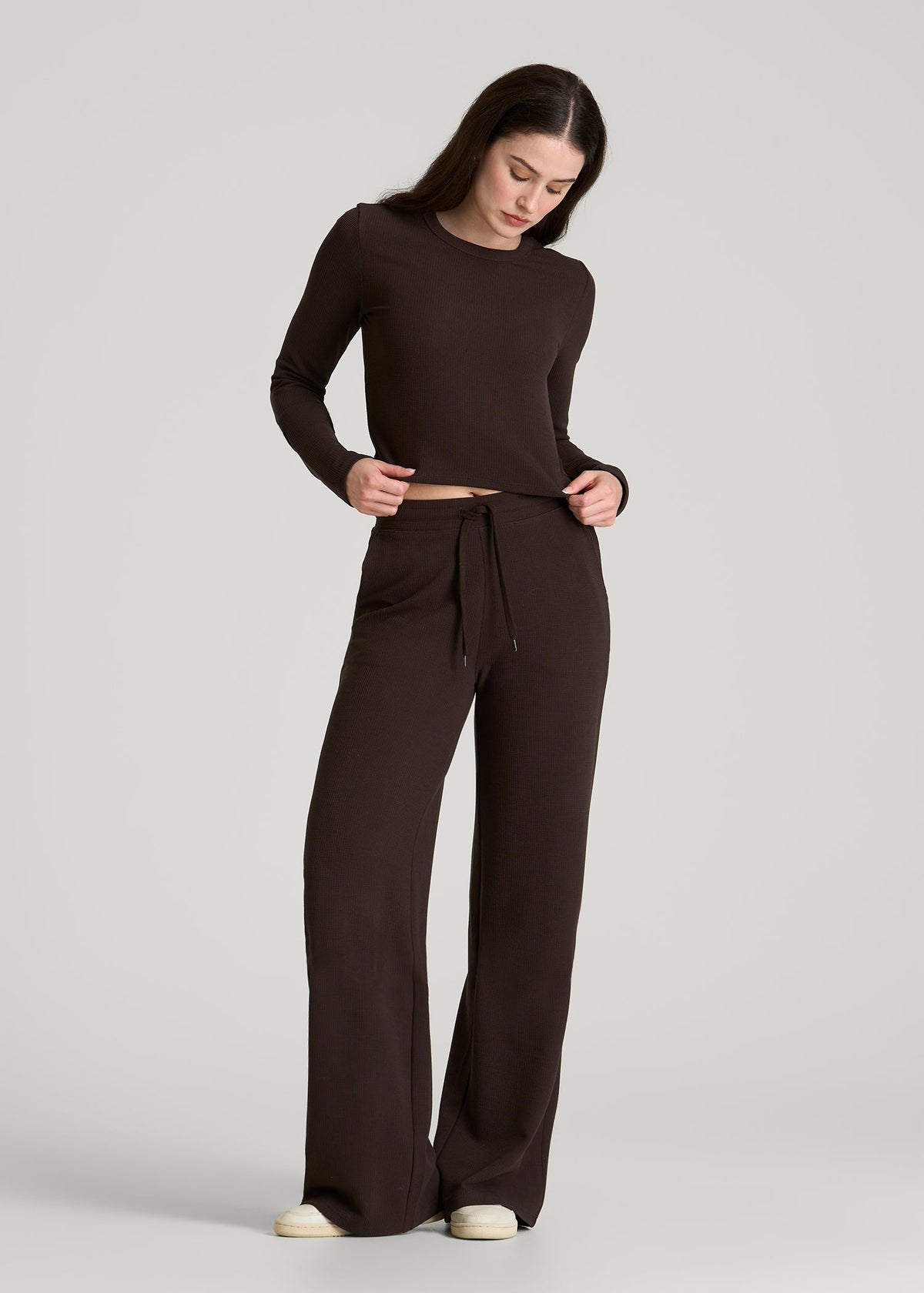 Cropped Long Sleeve Waffle Top for Tall Women in Espresso