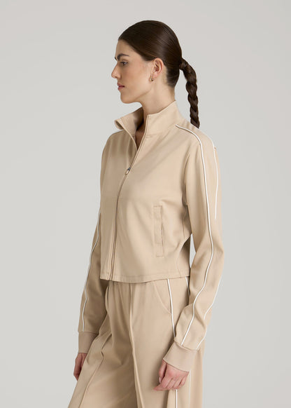 Cropped Track Jacket with Piping for Tall Women in Clay