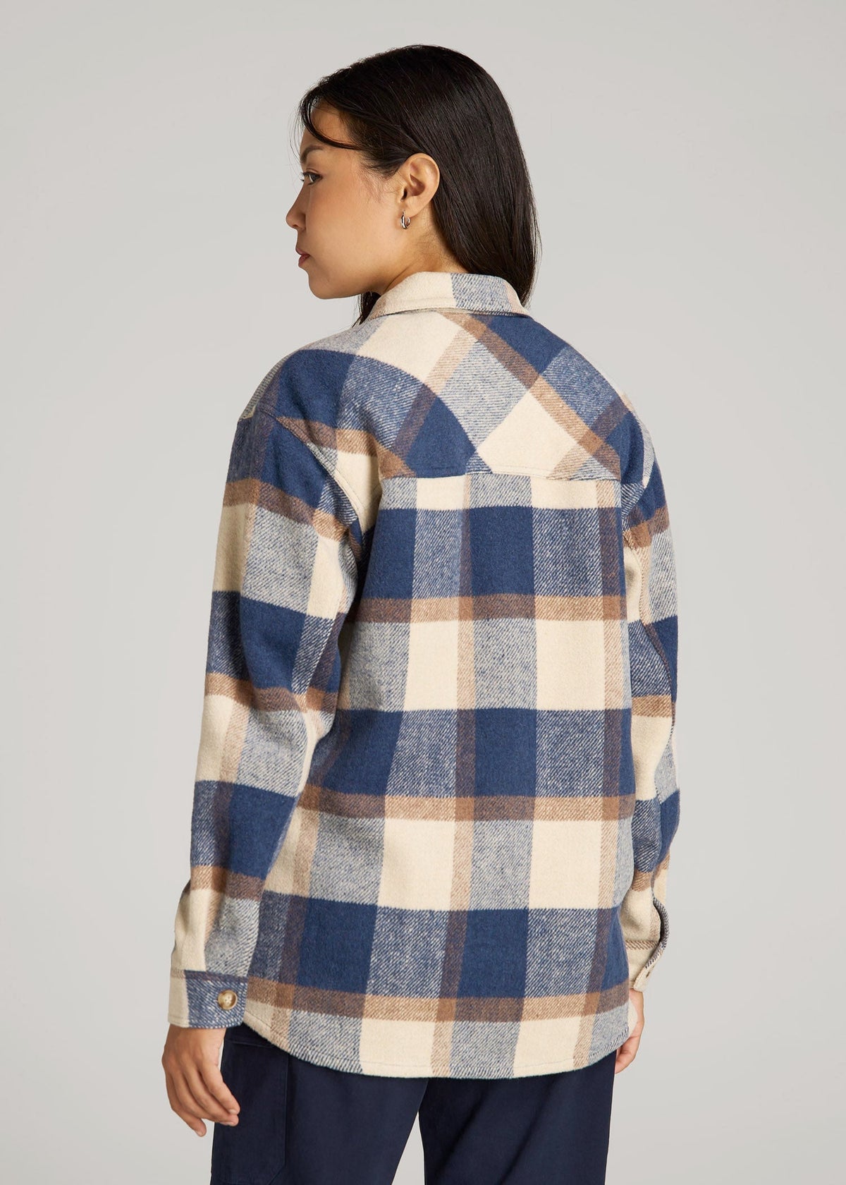 Flannel Shacket for Tall Women in Cream and Denim Blue Plaid