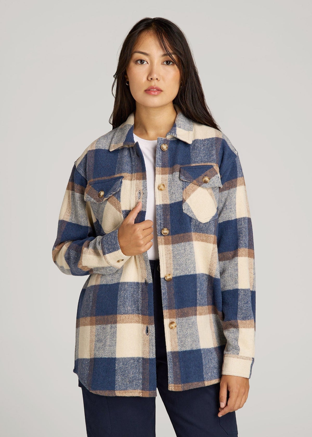 Flannel Shacket for Tall Women in Cream and Denim Blue Plaid