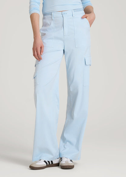 Garment Dyed Wide Leg Cargo Pants for Tall Women in Ice Blue