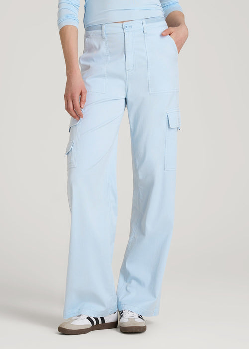 Garment Dyed Wide Leg Cargo Pants for Tall Women in Ice Blue