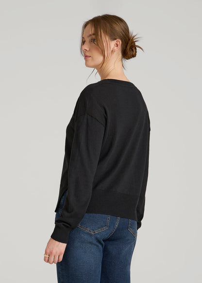 Linen Blend Split Hem V-Neck Sweater for Tall Women in Black