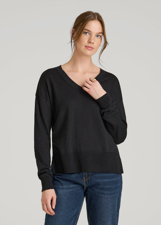 Linen Blend Split Hem V-Neck Sweater for Tall Women in Black