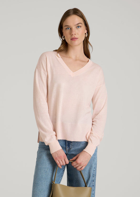 Linen Blend Split Hem V-Neck Sweater for Tall Women in Hush Pink