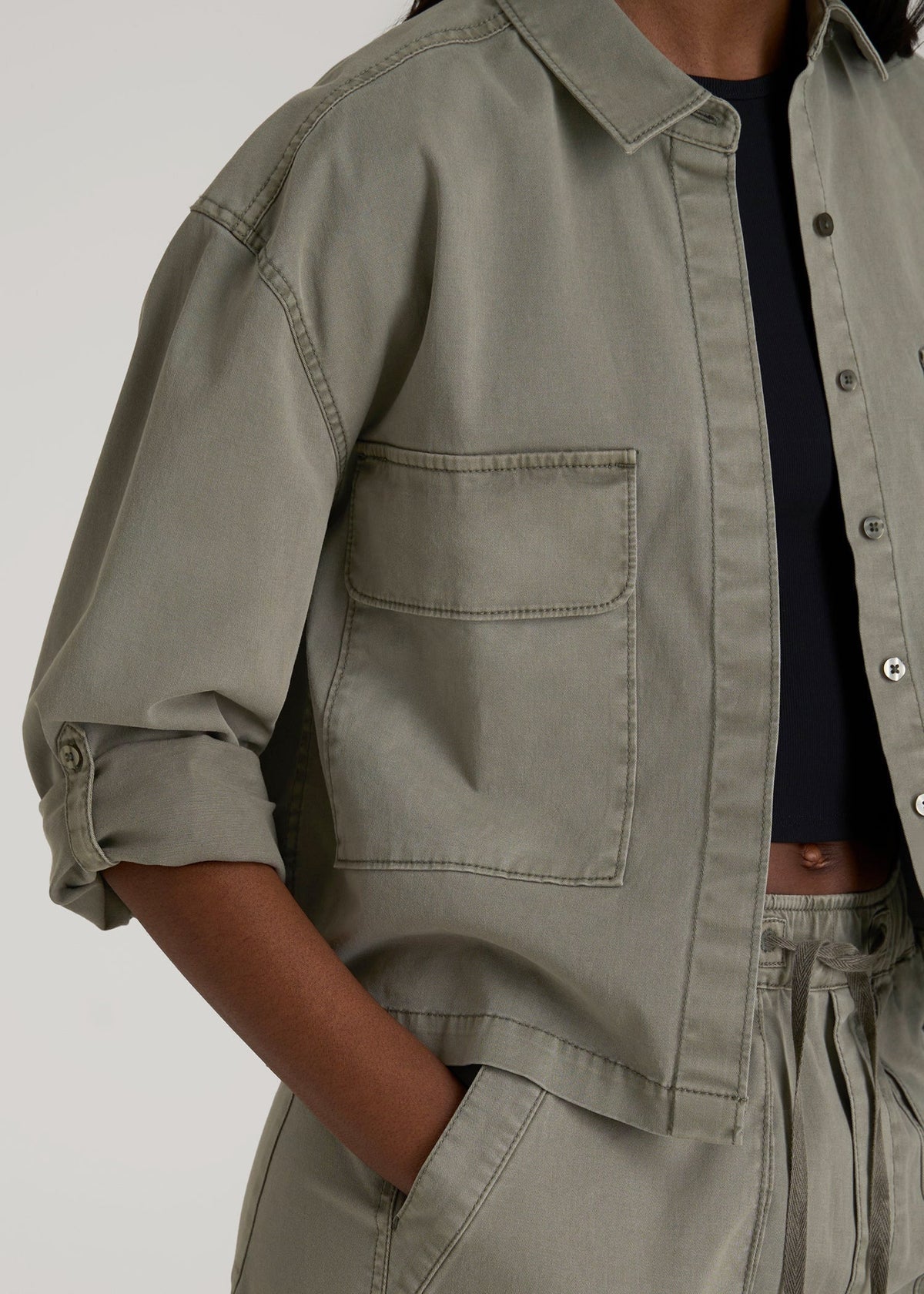 Garment Dyed Utility Shirt for Tall Women in Camper Green