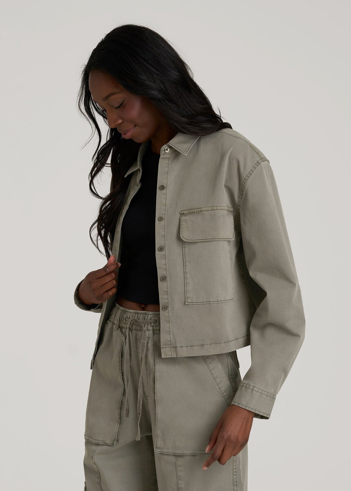 Garment Dyed Utility Shirt for Tall Women in Camper Green