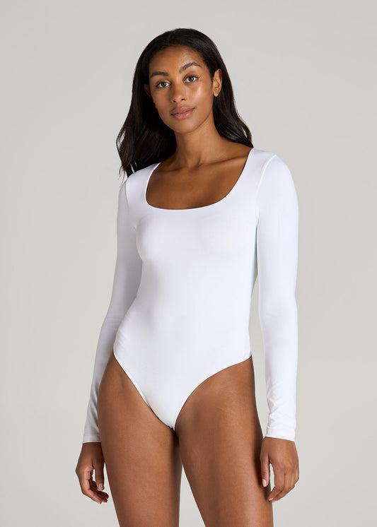 Long Sleeve Square Neck Bodysuit for Tall Women in Bright White