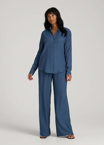 Long Sleeve Crinkle Blouse for Tall Women in Flag Blue
