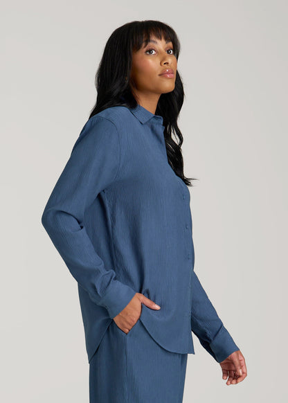 Long Sleeve Crinkle Blouse for Tall Women in Flag Blue