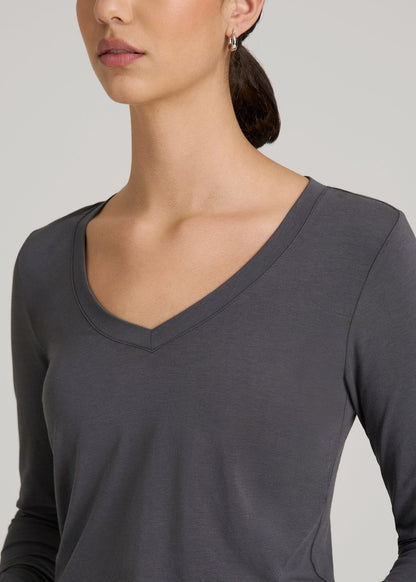 Long Sleeve Scoop V-Neck Tee Shirt for Tall Women in Charcoal
