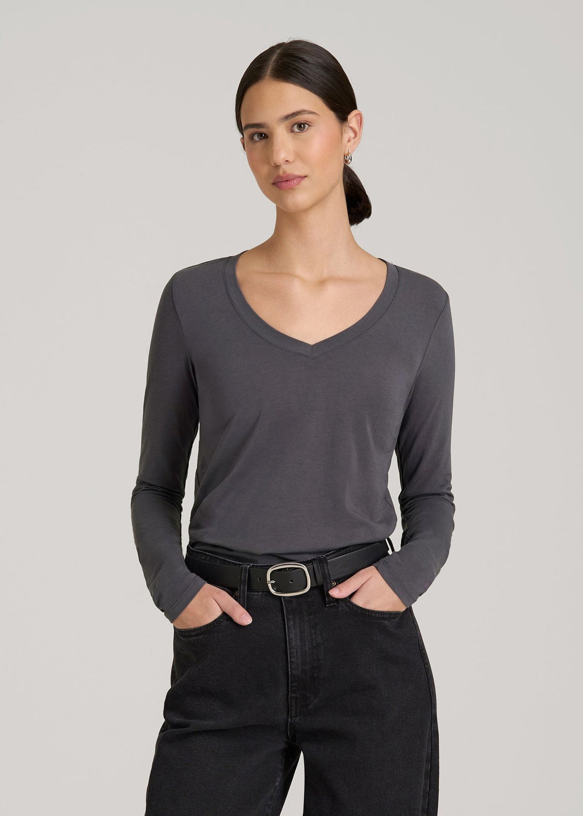 Long Sleeve Scoop V-Neck Tee Shirt for Tall Women in Charcoal