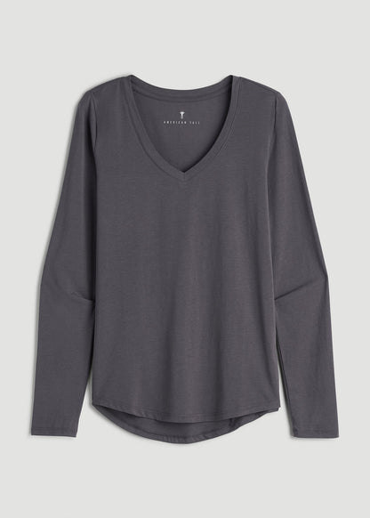 Long Sleeve Scoop V-Neck Tee Shirt for Tall Women in Charcoal