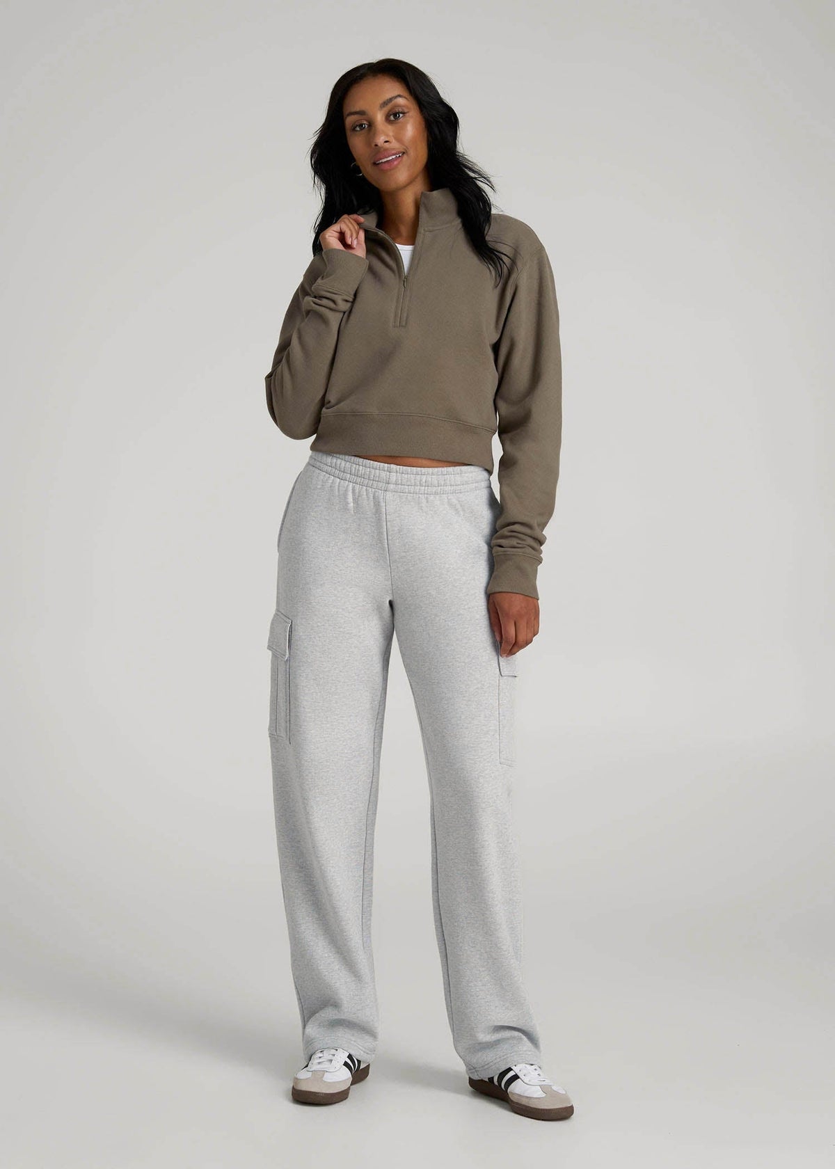 Mid Rise Cargo Fleece Sweatpants for Tall Women in Grey Mix