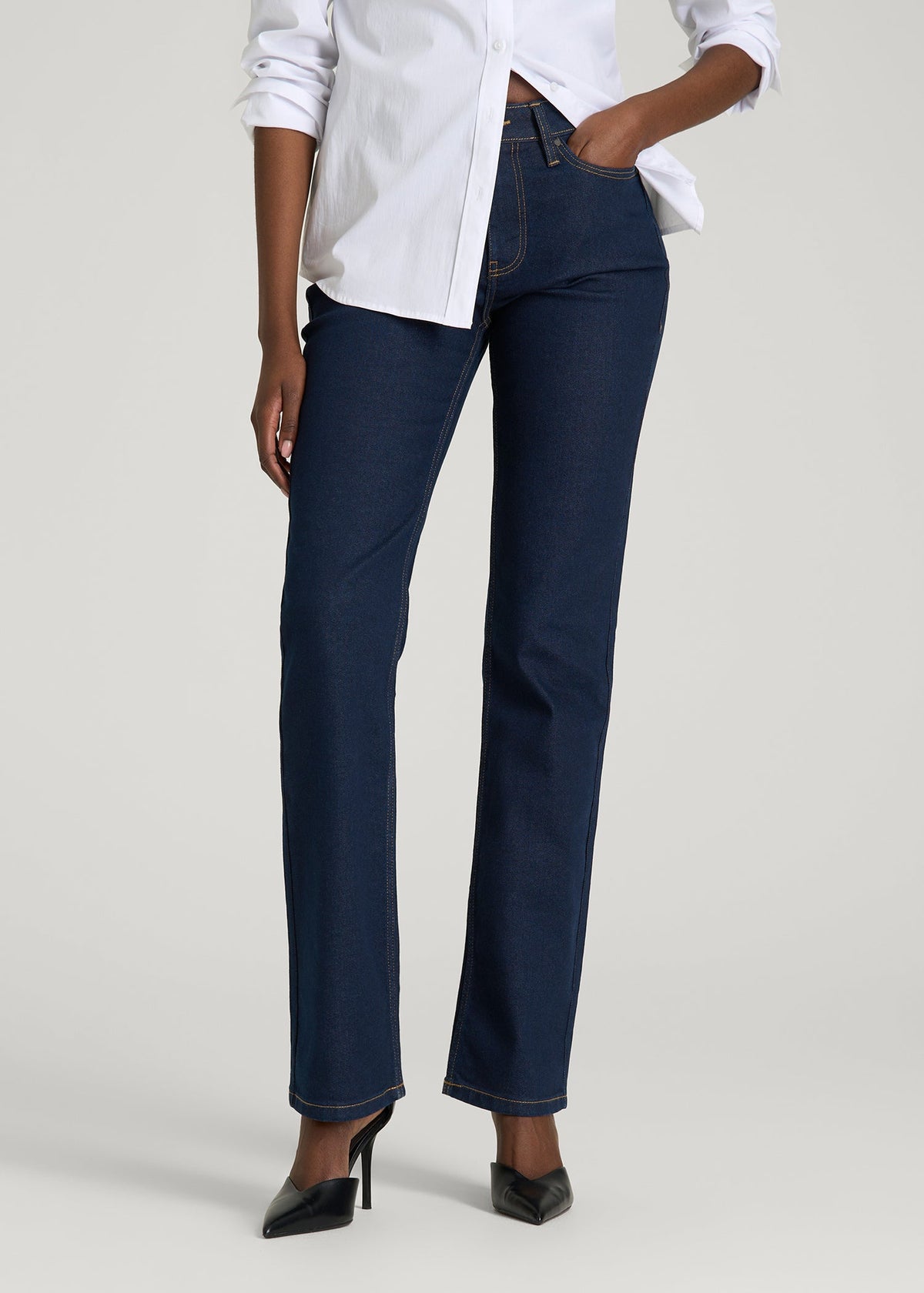 Mid-Rise Straight Fit Jeans for Tall Women in Deep Indigo Wash
