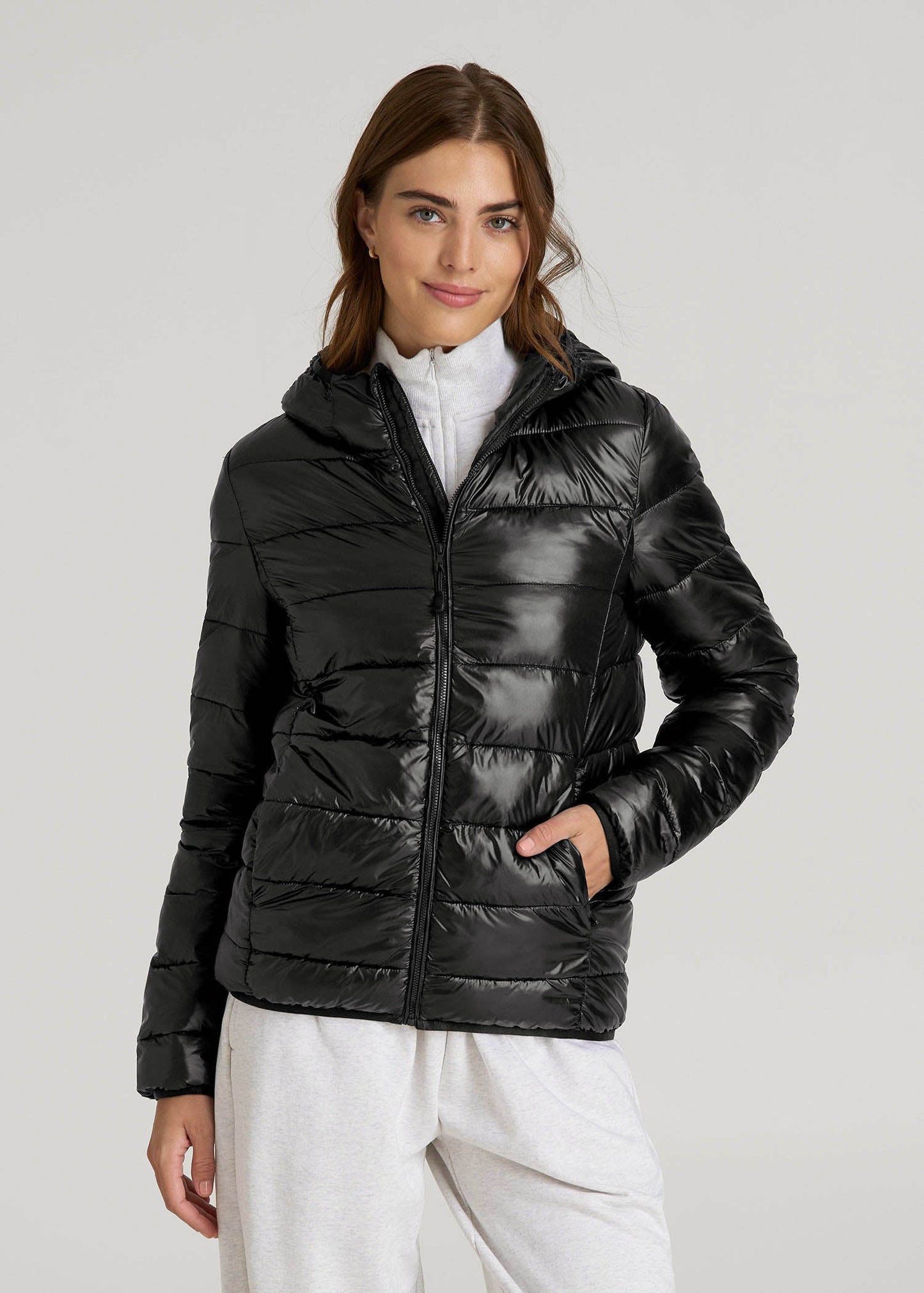 Packable Short Puffer Jacket for Tall Women in Glossy Black