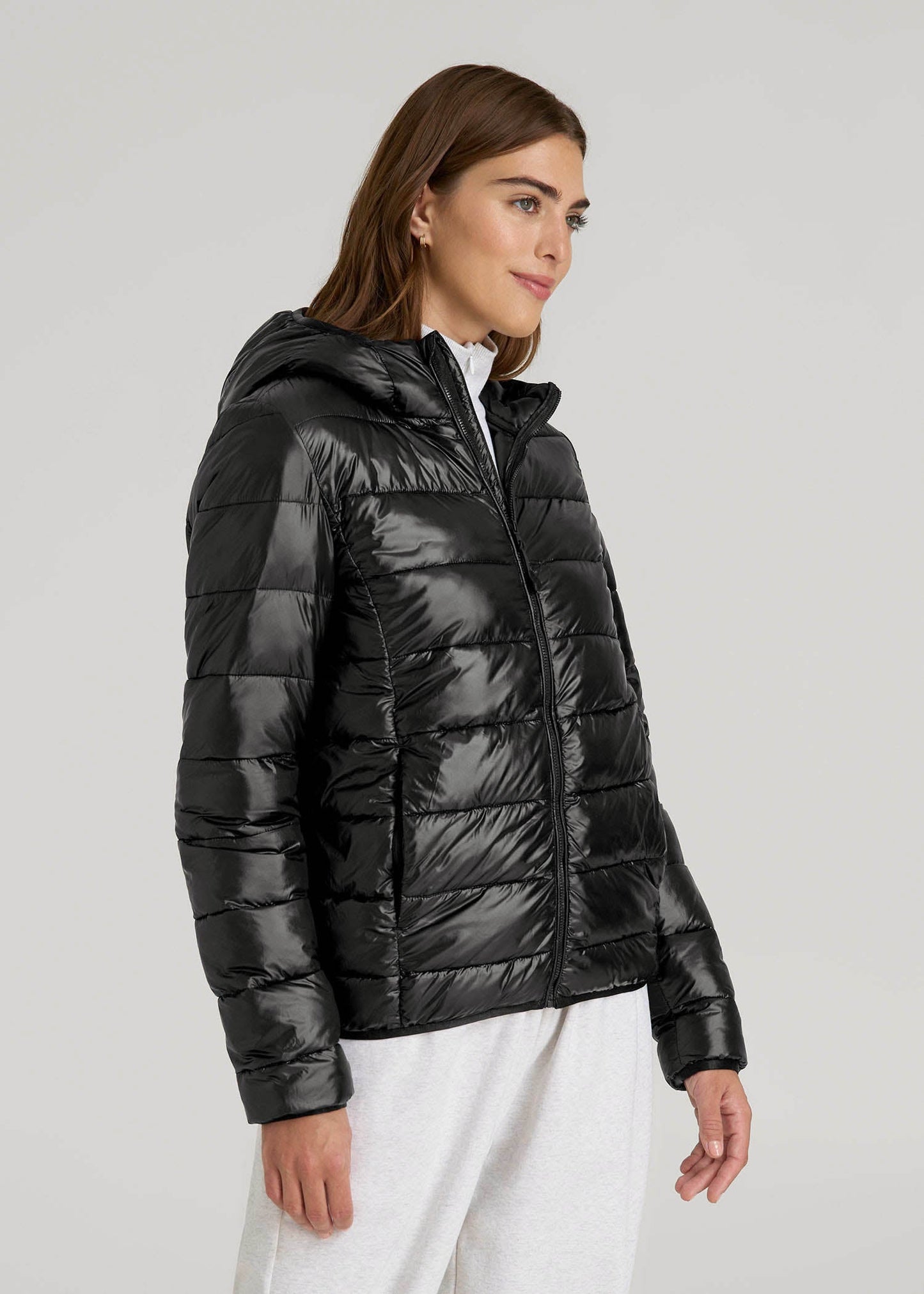 Packable Short Puffer Jacket for Tall Women in Glossy Black