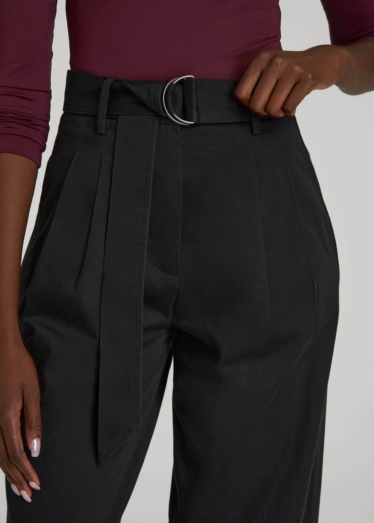 Pleated Wide Leg Chino With Belt for Tall Women in Deep Black