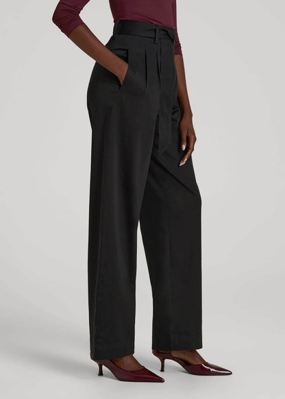 Pleated Wide Leg Chino With Belt for Tall Women in Deep Black