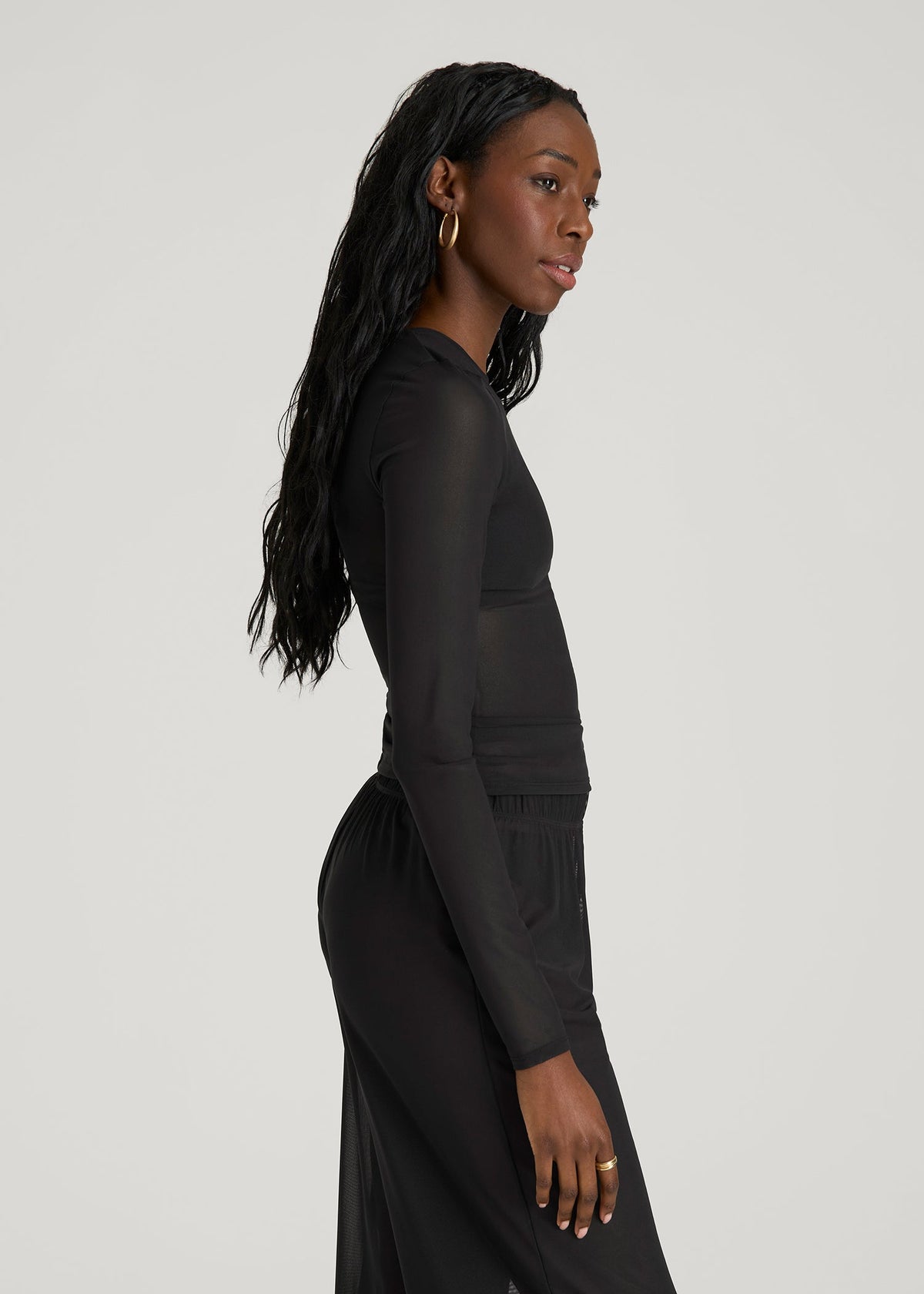 Power Mesh Fitted Long Sleeve Top for Tall Women in Deep Black