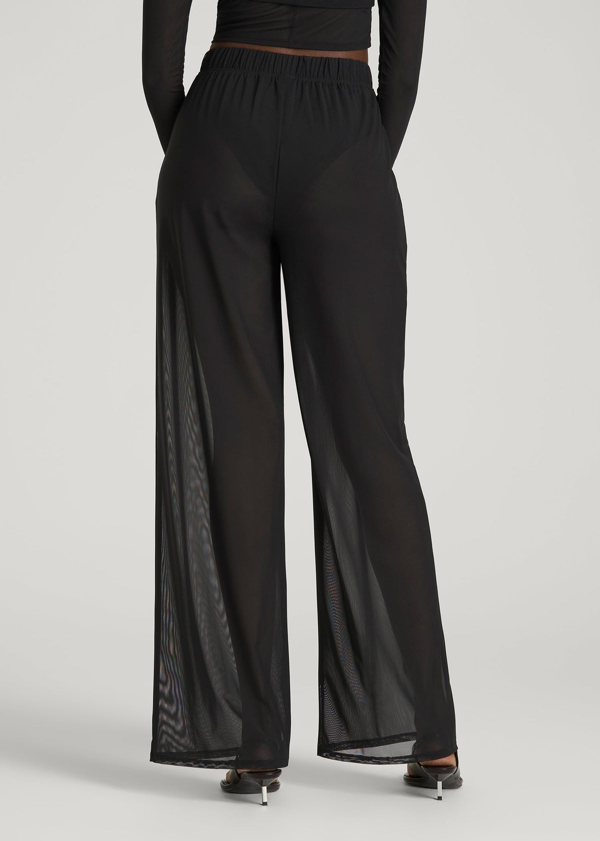 Power Mesh Wide-Leg Pants for Tall Women in Deep Black