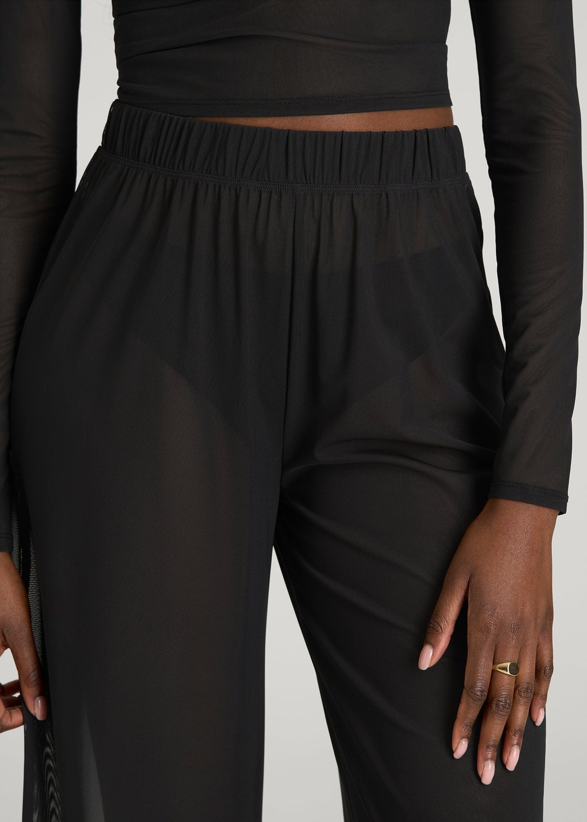 Power Mesh Wide-Leg Pants for Tall Women in Deep Black