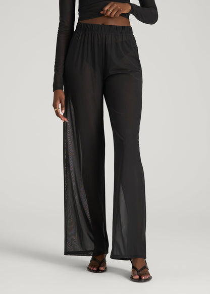 Power Mesh Wide-Leg Pants for Tall Women in Deep Black