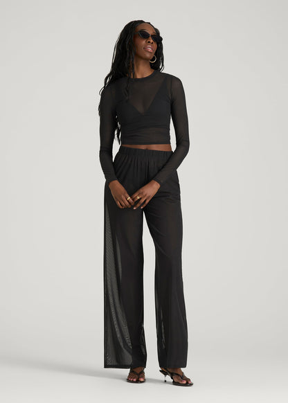 Power Mesh Wide-Leg Pants for Tall Women in Deep Black