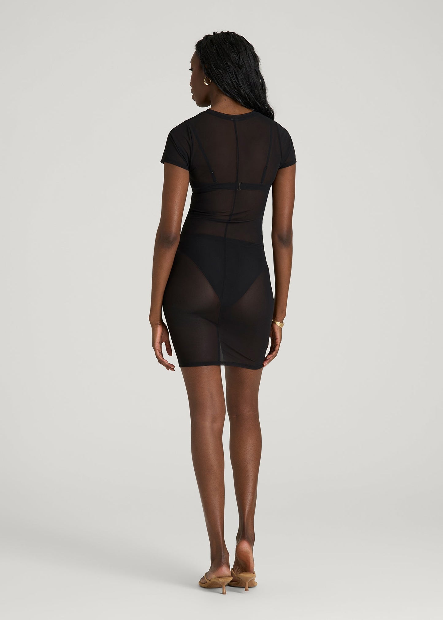 Power Mesh Fitted Short Sleeve Mini Dress for Tall Women in Deep Black