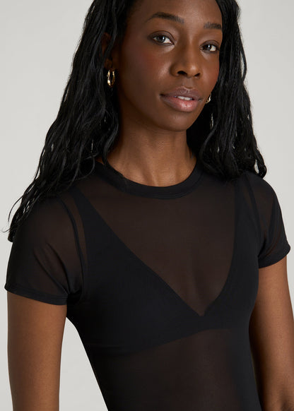 Power Mesh Fitted Short Sleeve Mini Dress for Tall Women in Deep Black