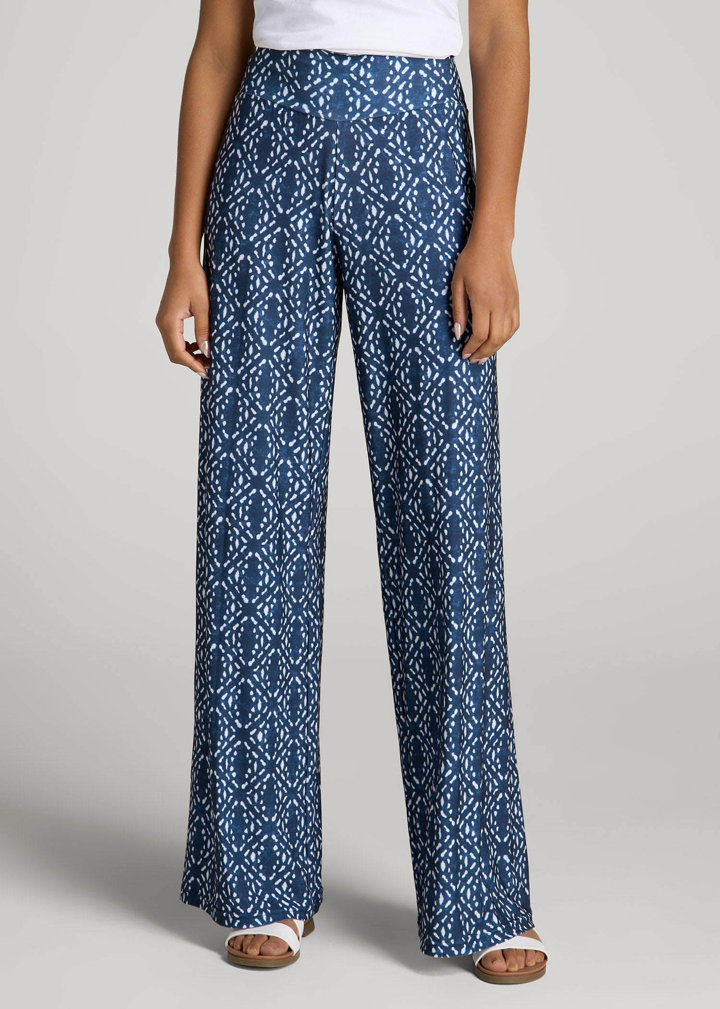 Pull-On Breezy Wide Leg Pants for Tall Women in Indigo Tribal Print